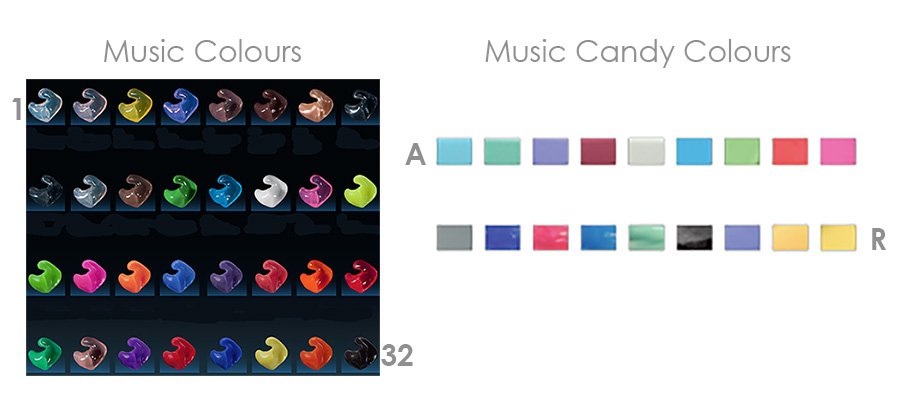 Custom colour swatches for in ear monitors